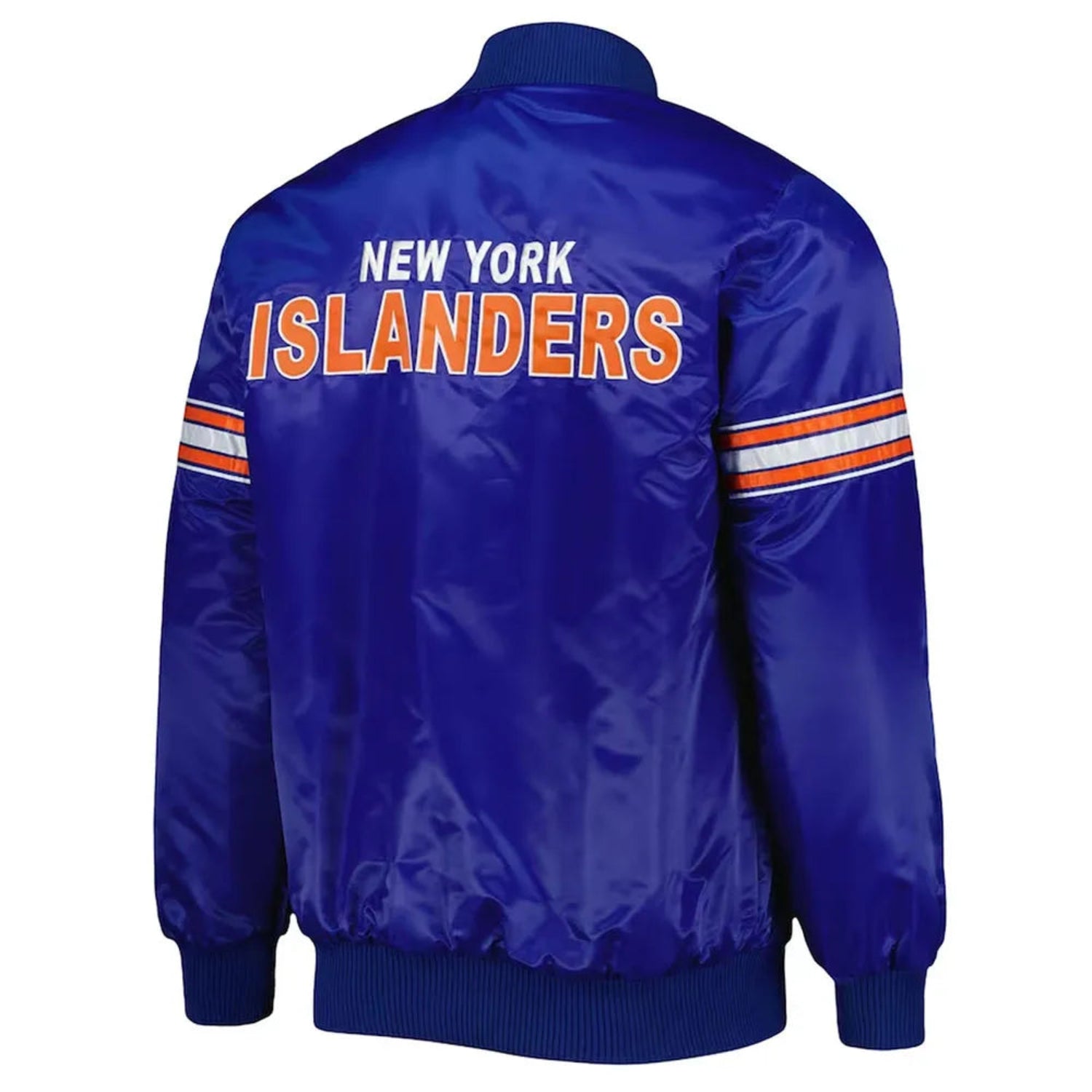 Back of NHL New York Islanders satin varsity jacket in blue colour featuring large team logo and striped ribbed hem