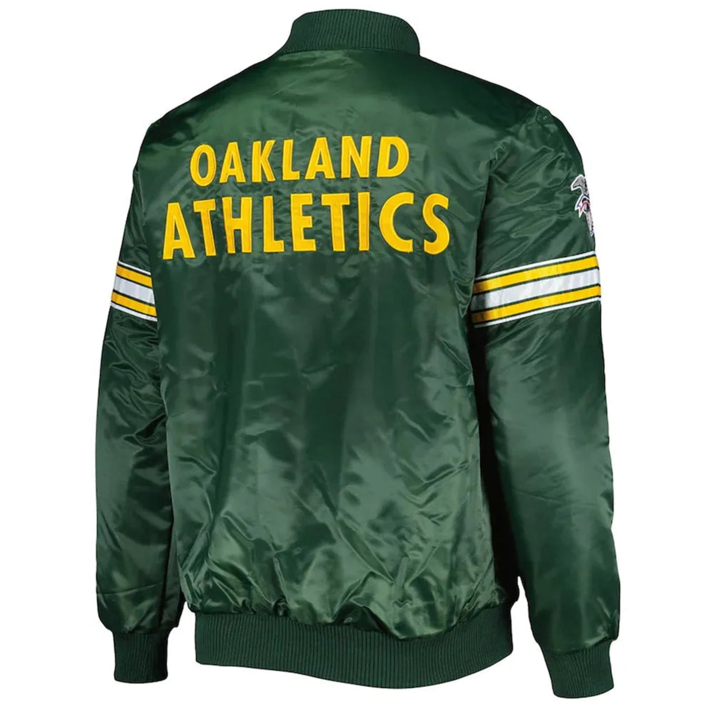 Back of Oakland Athletics satin varsity jacket featuring large team logo and striped ribbed hem