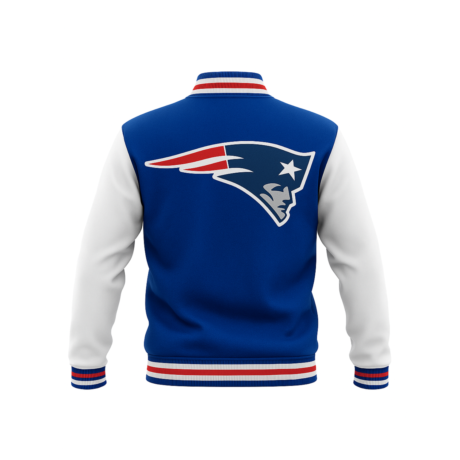 Blue and white varsity jacket with a NFL logo on the back against a white background