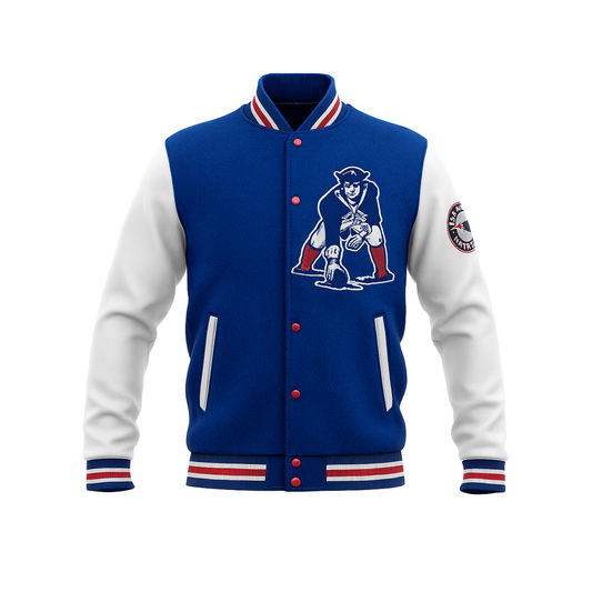 Blue and white varsity jacket with a NFL team New England Patriots logo on a white background
