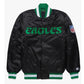 Front view of Philadelphia Eagles NFL satin varsity jacket with team logo and snap-button closure