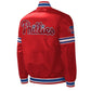 Back of Philadelphia Phillies satin varsity jacket featuring large team logo and striped ribbed hem