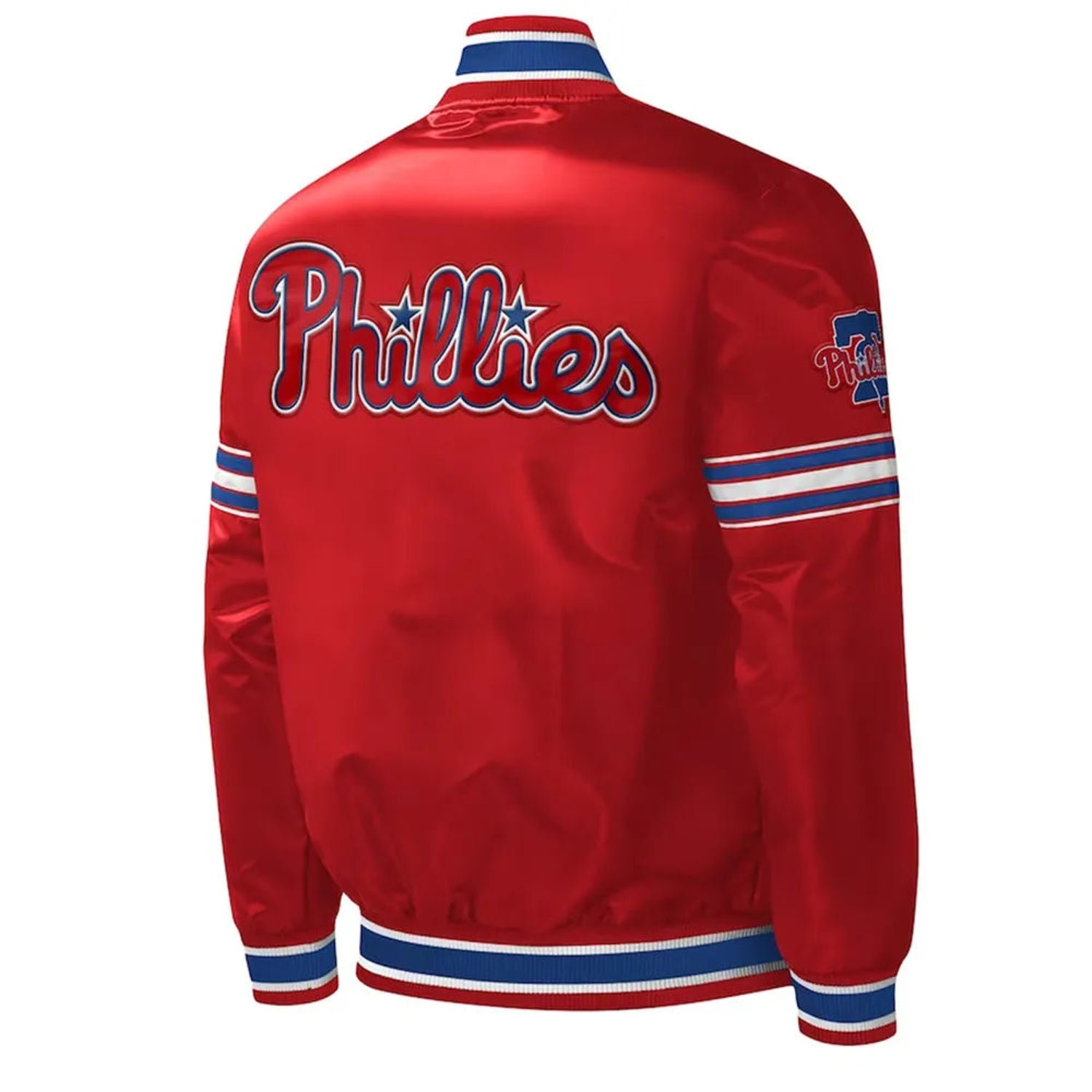 Back of Philadelphia Phillies satin varsity jacket featuring large team logo and striped ribbed hem