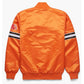 Back of Denver Broncos satin varsity jacket featuring large team logo and striped ribbed hem