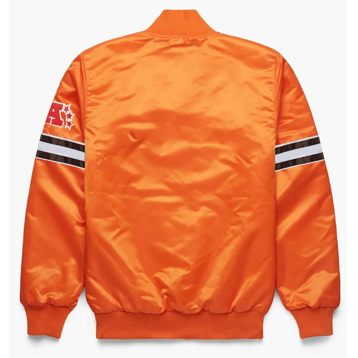 Back of Denver Broncos satin varsity jacket featuring large team logo and striped ribbed hem