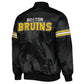 Back of Boston Bruins NHL satin varsity jacket featuring large team logo and striped ribbed hem