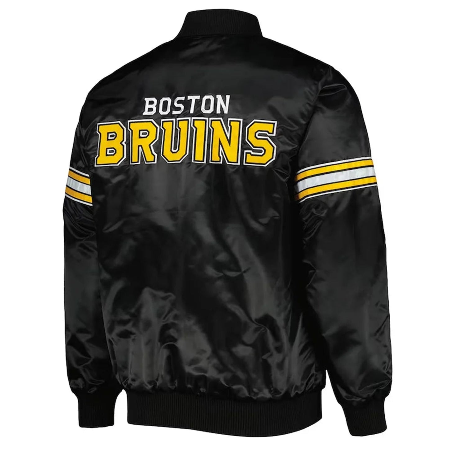 Back of Boston Bruins NHL satin varsity jacket featuring large team logo and striped ribbed hem