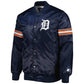 Front view of Detroit Tigers MLB satin varsity jacket with team logo and snap-button closure