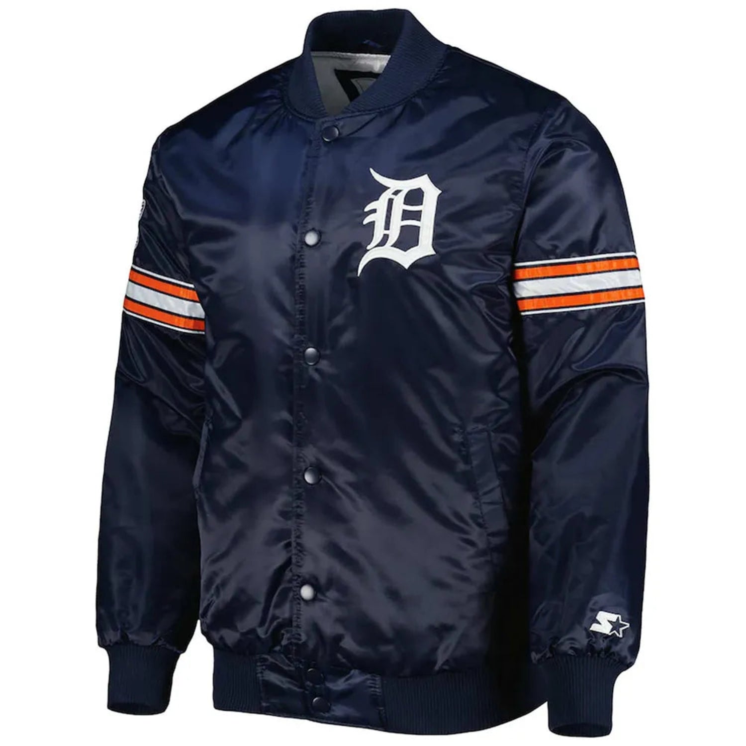 Front view of Detroit Tigers MLB satin varsity jacket with team logo and snap-button closure