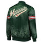 Back of NHL Minnesota Wild satin varsity jacket in Green colour featuring large team logo and striped ribbed hem