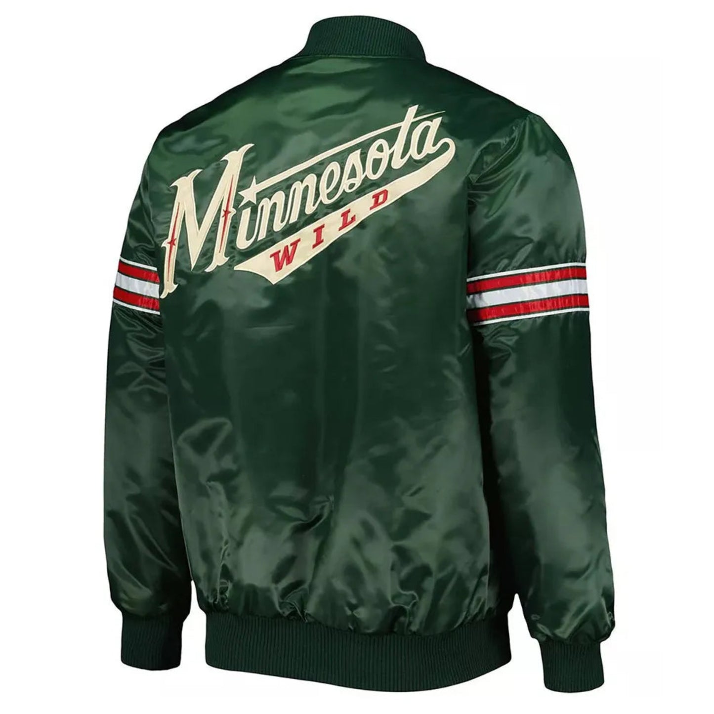 Back of NHL Minnesota Wild satin varsity jacket in Green colour featuring large team logo and striped ribbed hem