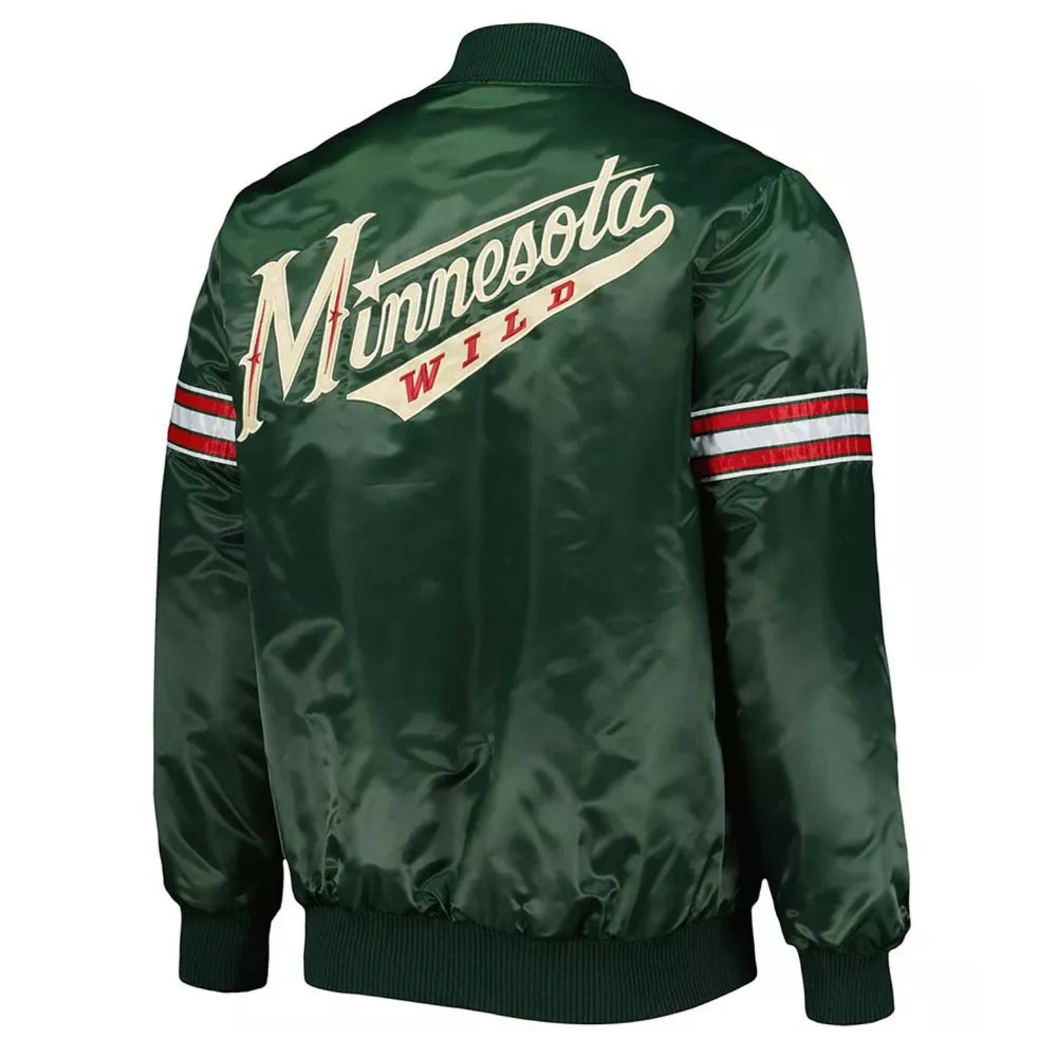 Back of NHL Minnesota Wild satin varsity jacket in Green colour featuring large team logo and striped ribbed hem