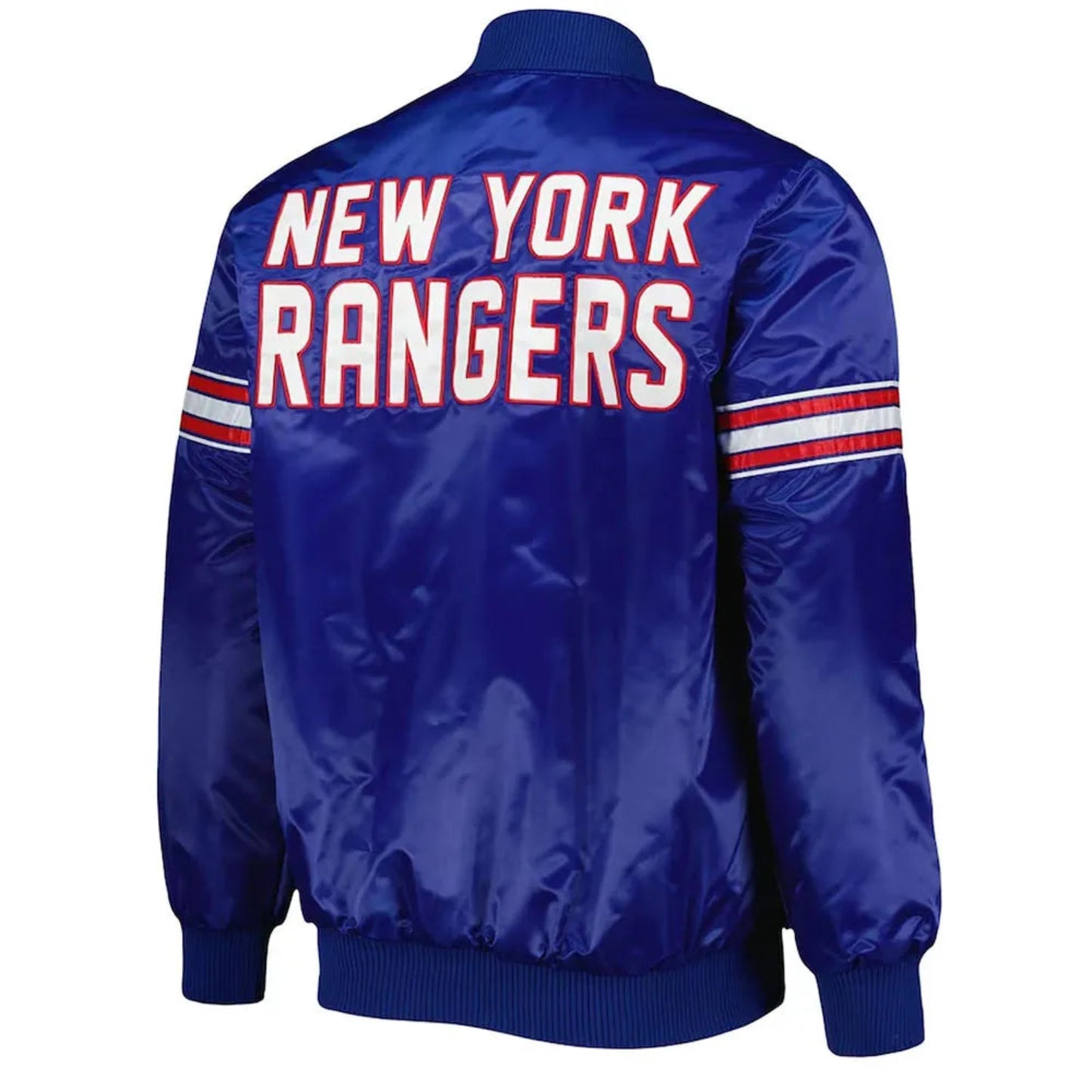 Back of NHL New Jersey Devils satin varsity jacket in blue colour featuring large team logo and striped ribbed hem