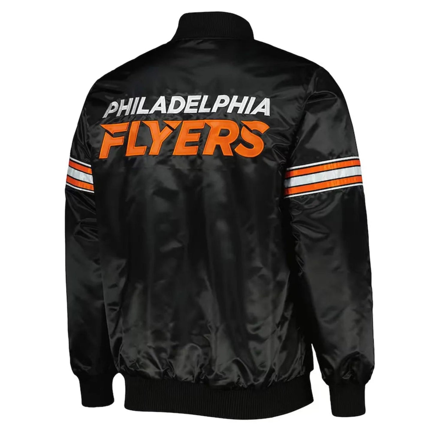 Back of NHL Philadelphia Flyers satin varsity jacket in black colour featuring large team logo and striped ribbed hem