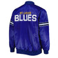 Back of NHL St. Louis Blues satin varsity jacket in royal blue colour featuring large team logo and striped ribbed hem