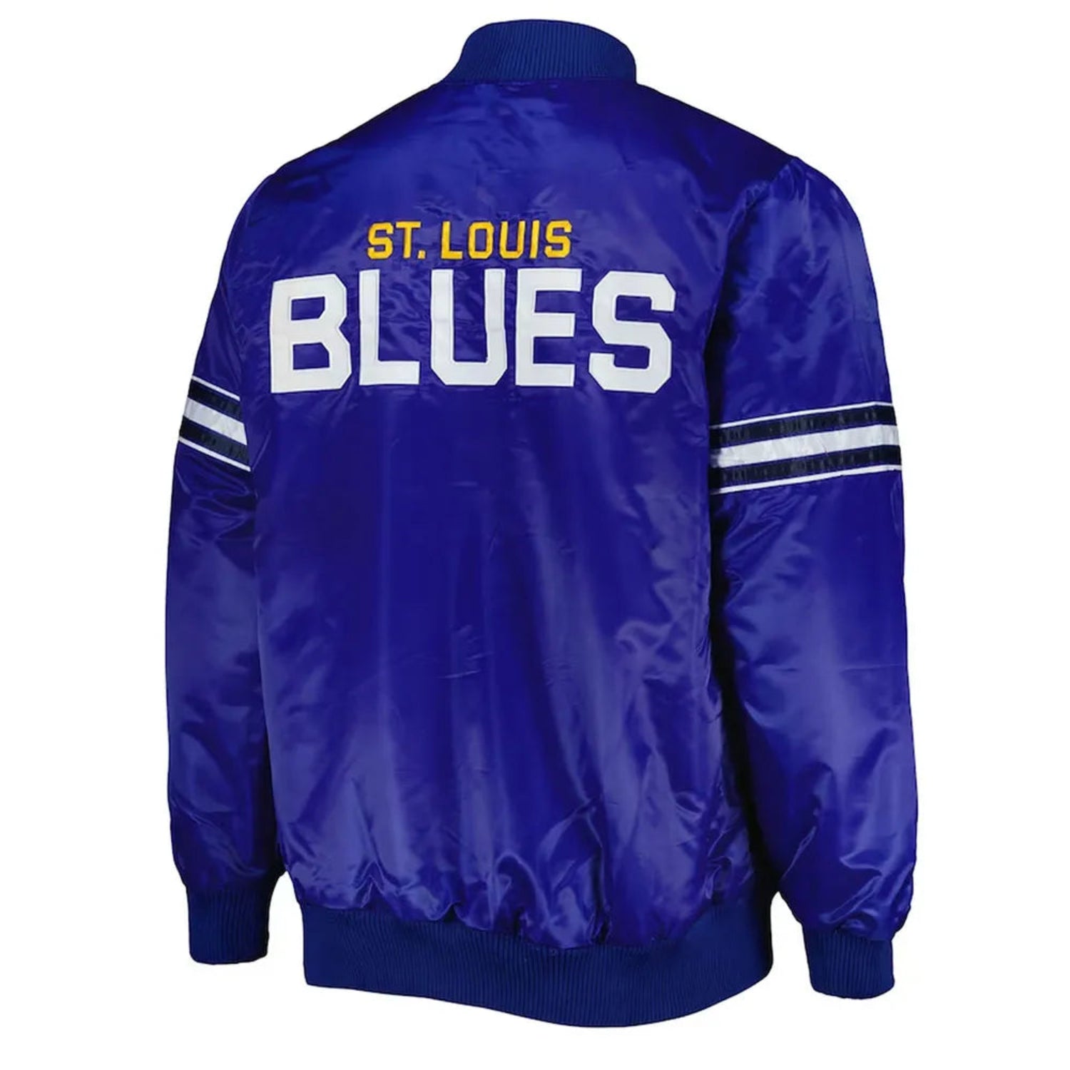 Back of NHL St. Louis Blues satin varsity jacket in royal blue colour featuring large team logo and striped ribbed hem