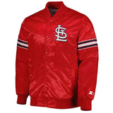 Front view of ST. Louis Cardinals MLB satin varsity jacket with team logo and snap-button closure