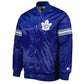 Front view of Toronto Maple Leafs NHL satin varsity jacket with embroidered team logo and snap-button closure