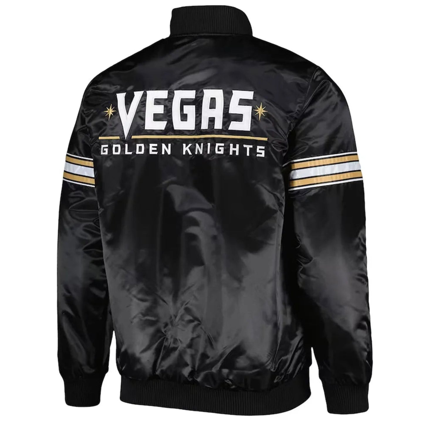 Back of NHL Vegas Golden Knights satin varsity jacket in black colour featuring large team logo and striped ribbed hem