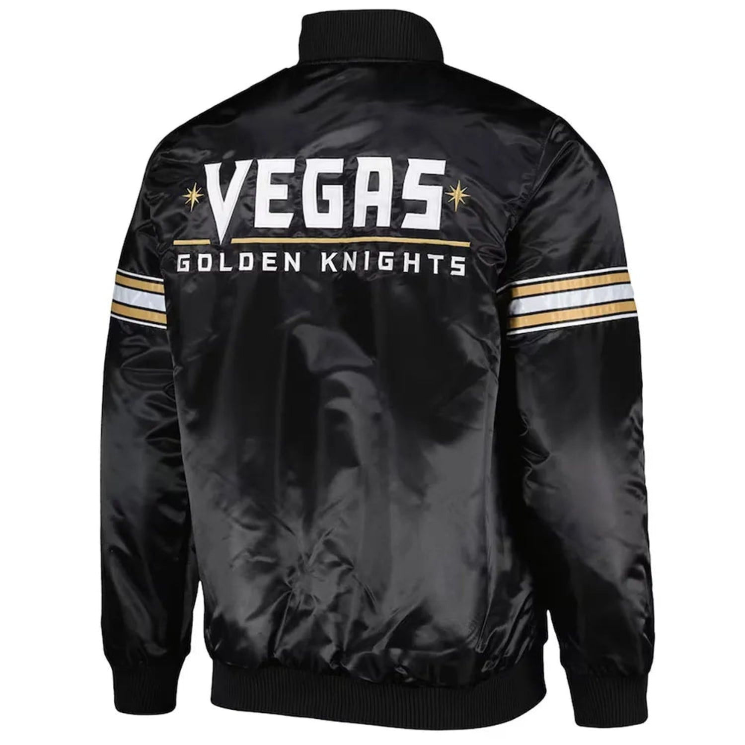 Back of NHL Vegas Golden Knights satin varsity jacket in black colour featuring large team logo and striped ribbed hem