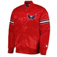 Front view of Washington Capitals NHL satin varsity jacket with embroidered team logo and snap-button closure

