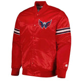 Front view of Washington Capitals NHL satin varsity jacket with embroidered team logo and snap-button closure
