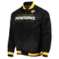 Front view of Pittsburgh Penguins NHL satin varsity jacket with embroidered team logo and snap-button closure