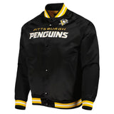 Front view of Pittsburgh Penguins NHL satin varsity jacket with embroidered team logo and snap-button closure