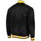 Back of NHL Pittsburgh Penguins satin varsity jacket in Black colour featuring large team logo and striped ribbed hem