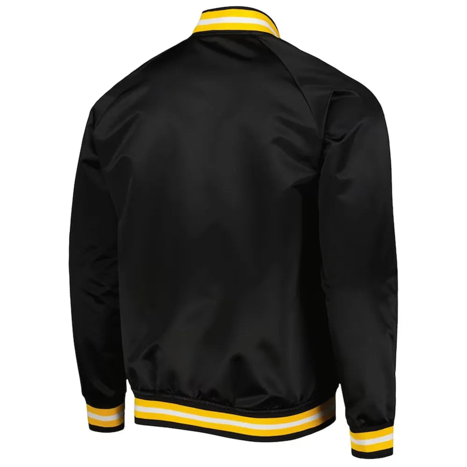 Back of NHL Pittsburgh Penguins satin varsity jacket in Black colour featuring large team logo and striped ribbed hem