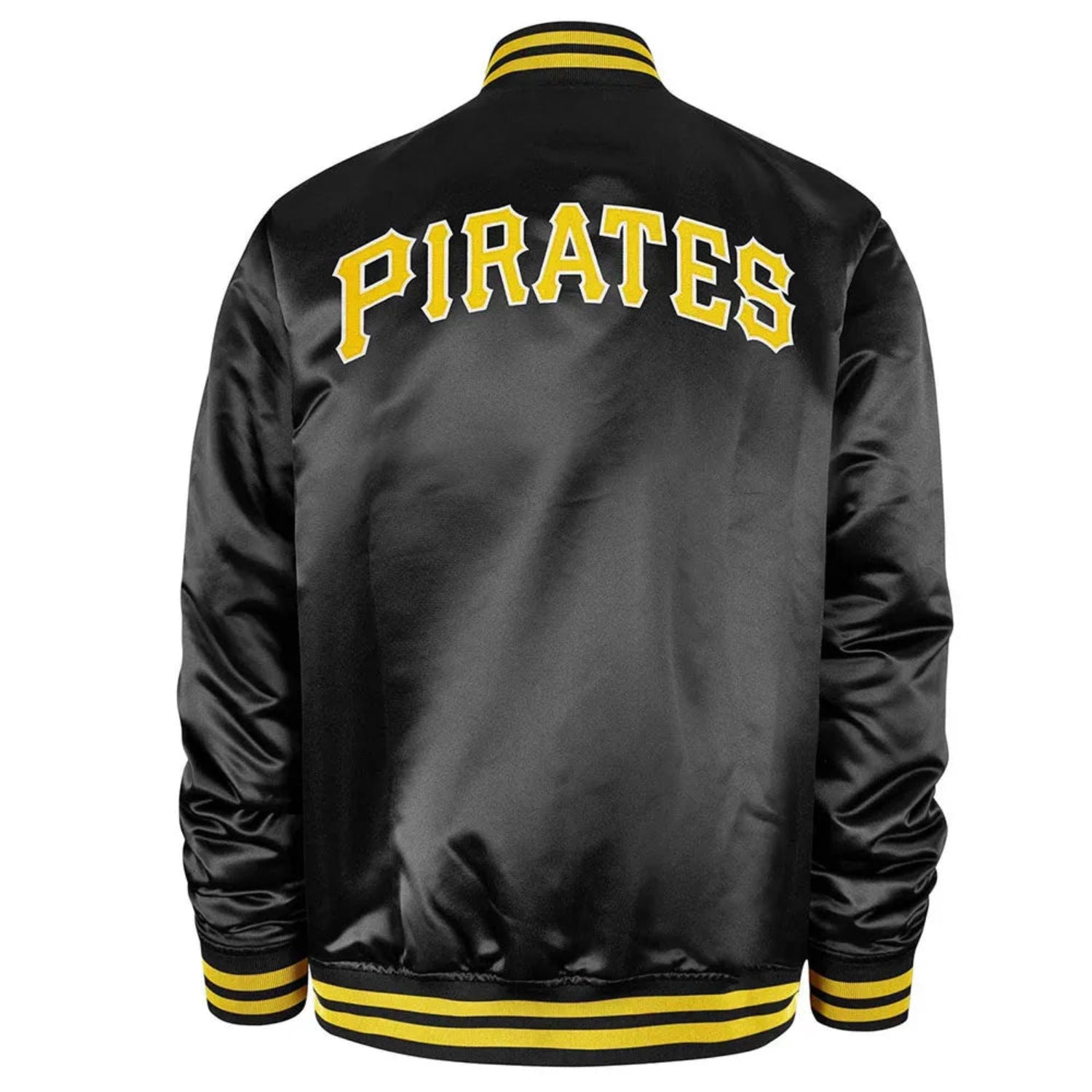 Back of Pittsburgh Pirates satin varsity jacket featuring large team logo and striped ribbed hem