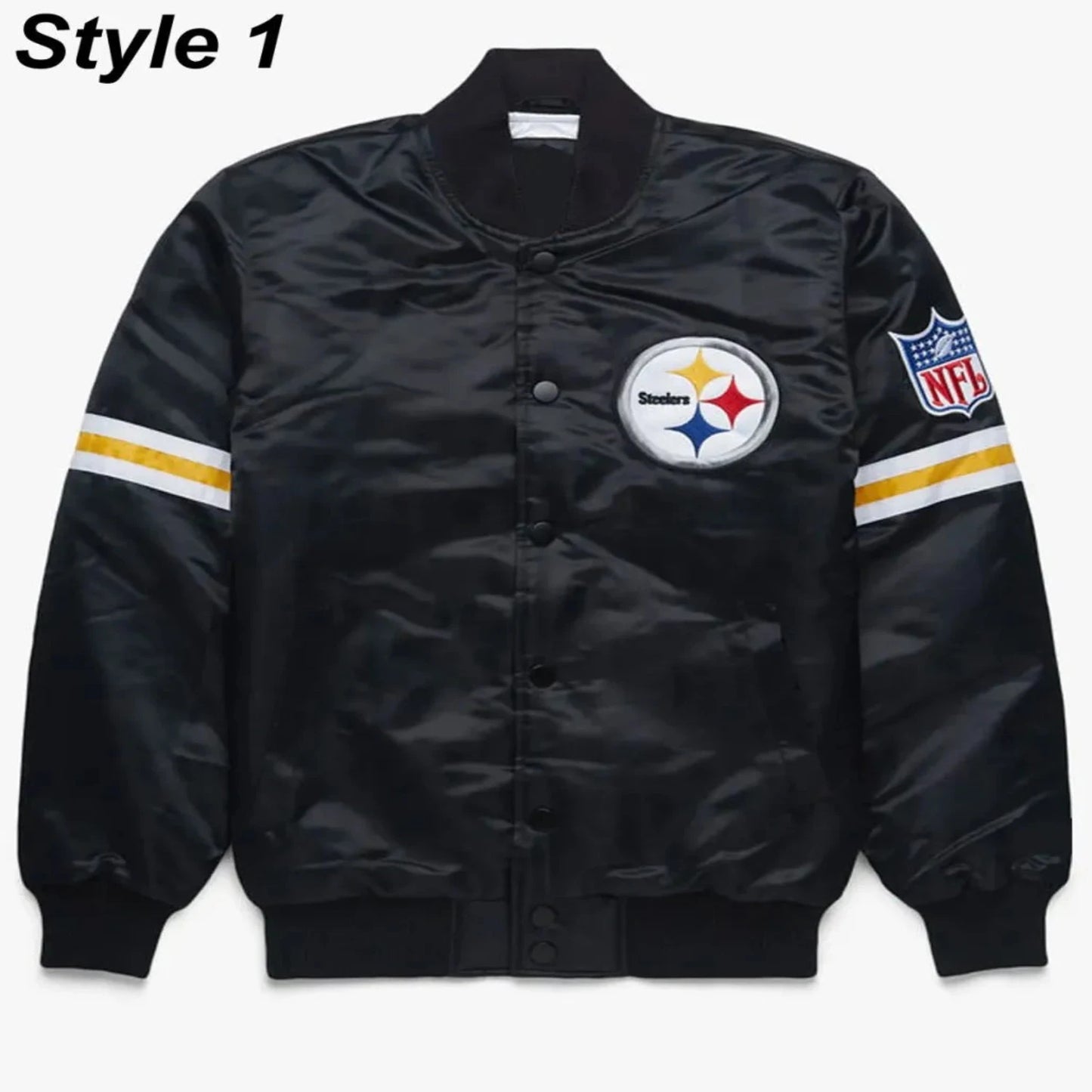 Front view of Pittsburgh Steelers NFL satin varsity jacket with team logo and snap-button closure