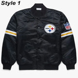 Front view of Pittsburgh Steelers NFL satin varsity jacket with team logo and snap-button closure
