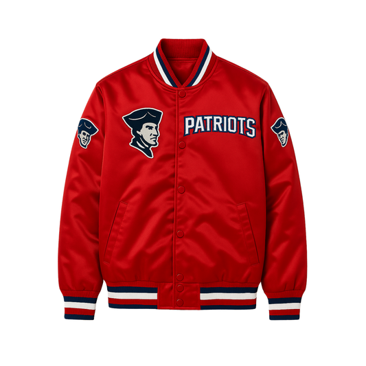 NFL Satin Varsity Jacket in red colour with Patriots embroidered logo on the front