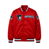 NFL Satin Varsity Jacket in red colour with Patriots embroidered logo on the front