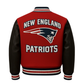 Red and black jacket with 'New England Patriots' text and logo on a gray background