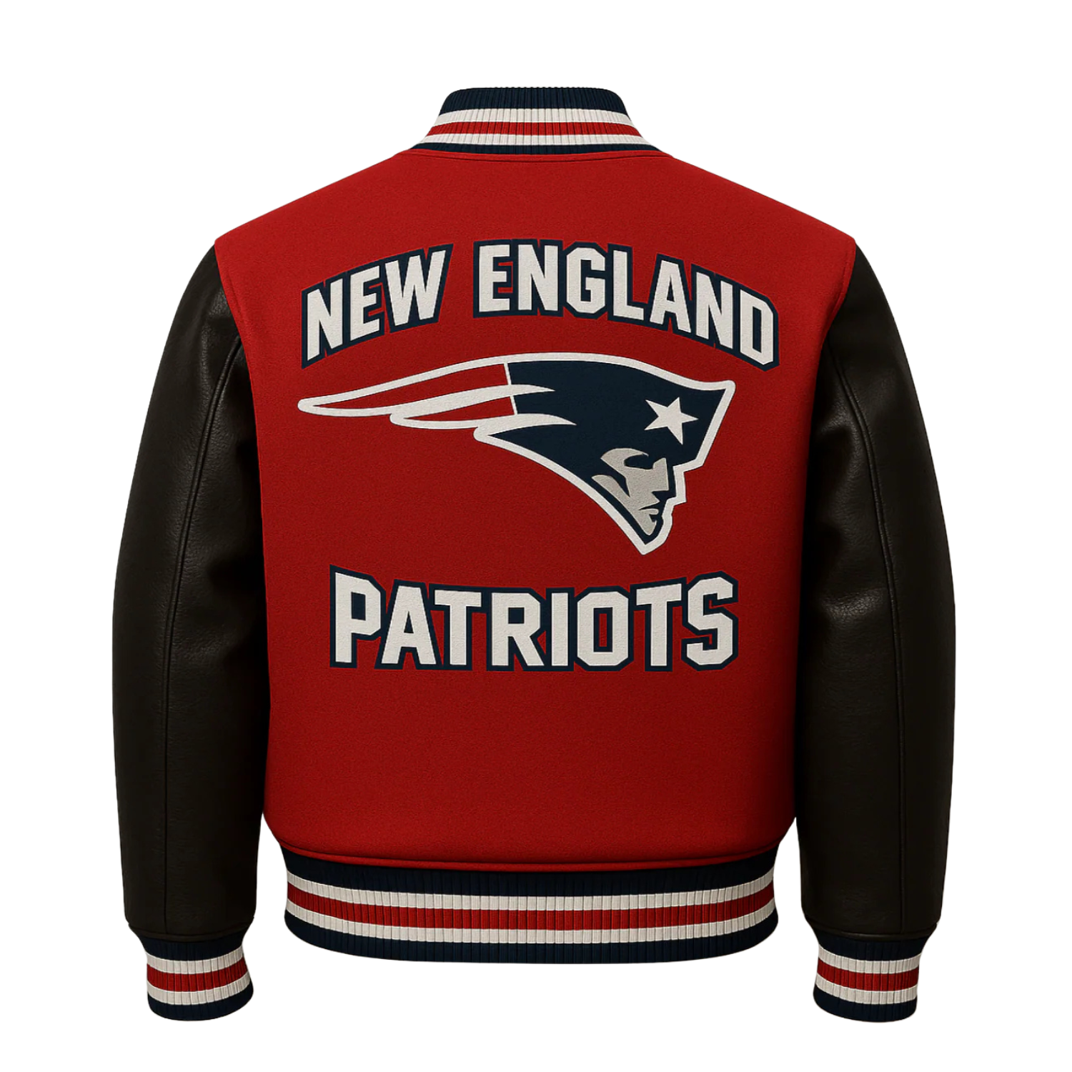 Red and black jacket with 'New England Patriots' text and logo on a gray background