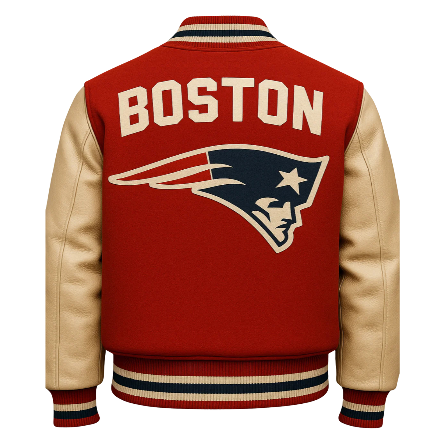 Red varsity jacket with 'Boston' and a logo on the back, on a neutral background