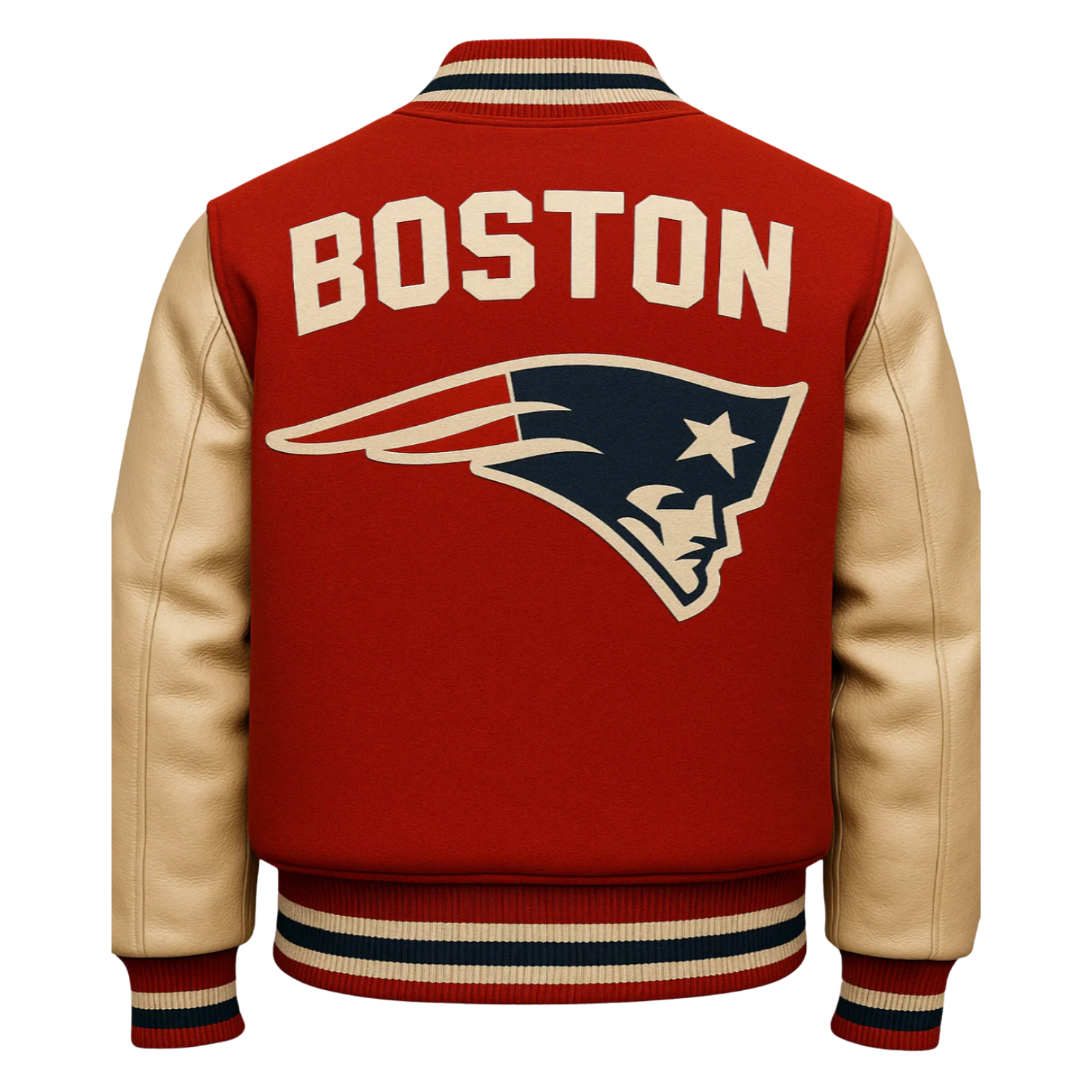 Red varsity jacket with 'Boston' and a logo on the back, on a neutral background