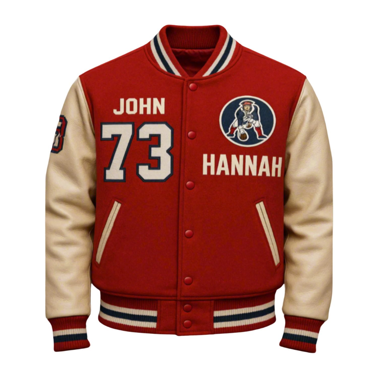 Red varsity jacket with white lettering and a logo on a gray background