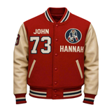 Red varsity jacket with white lettering and a logo on a gray background