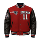 Red and black varsity jacket with 'EDELMAN 11' and sports team logo on a gray background