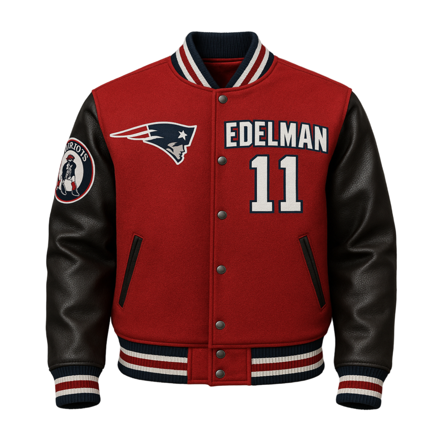 Red and black varsity jacket with 'EDELMAN 11' and sports team logo on a gray background