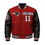 Red and black varsity jacket with 'EDELMAN 11' and sports team logo on a gray background