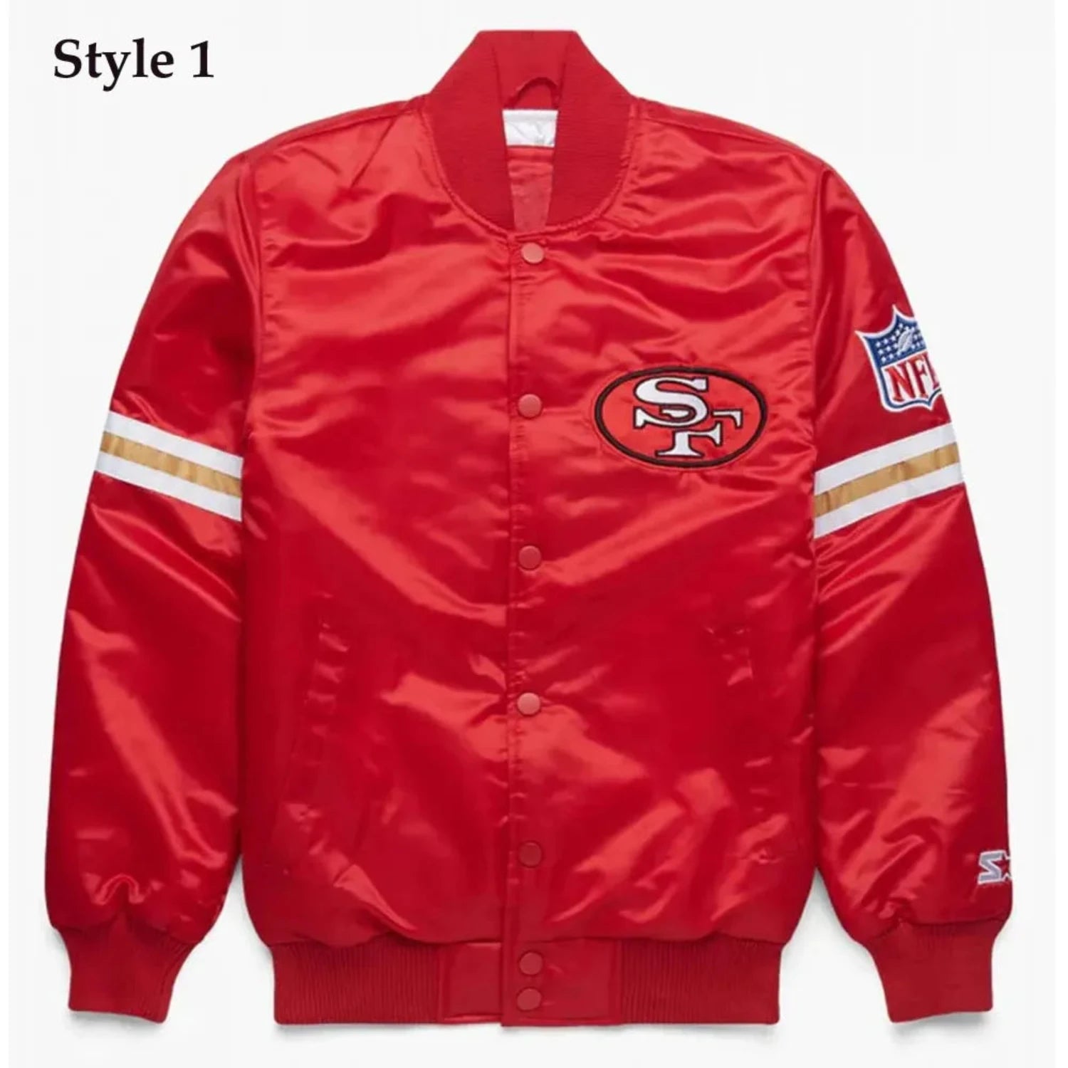Front view of San Francisco 49ers NFL satin varsity jacket with team logo and snap-button closure