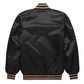 Back of San Francisco Giants satin varsity jacket featuring large team logo and striped ribbed hem