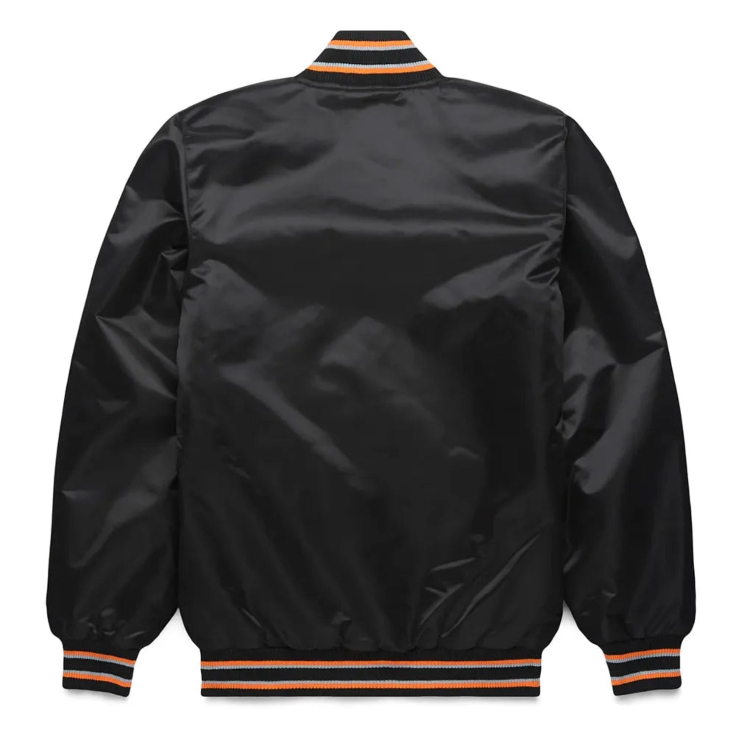 Back of San Francisco Giants satin varsity jacket featuring large team logo and striped ribbed hem