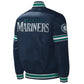 Back of Seattle Mariners satin varsity jacket featuring large team logo and striped ribbed hem