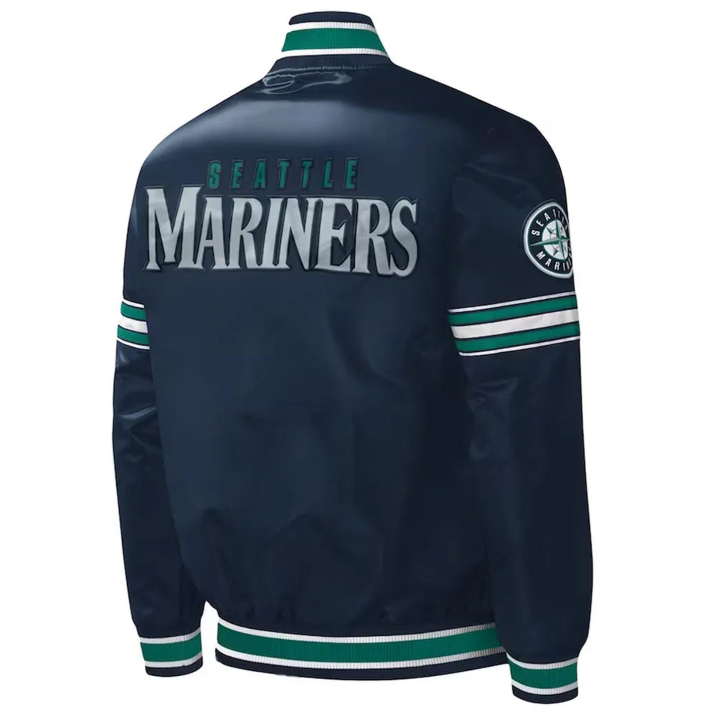 Back of Seattle Mariners satin varsity jacket featuring large team logo and striped ribbed hem