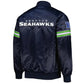 Back of Seattle Seahawks satin varsity jacket featuring large team logo and striped ribbed hem
